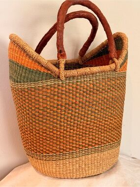 Handwoven African Straw Tote in Orange, Green and Natural with Leather Handles